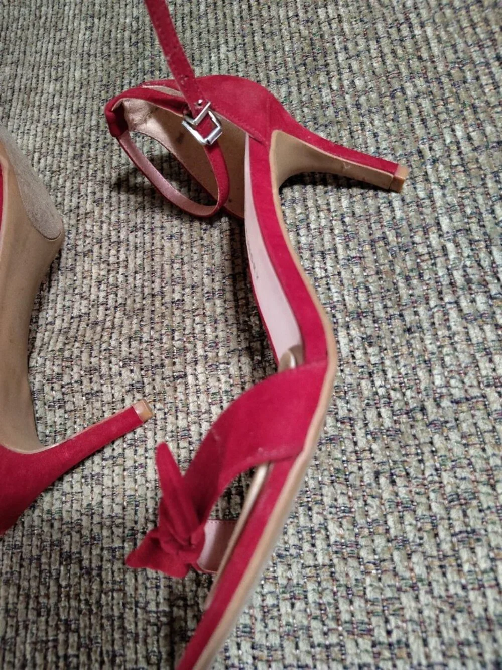 Chinese Laundry Red Bow Ankle Strap Strappy Stiletto Suede Heels US 9.5 EU 40